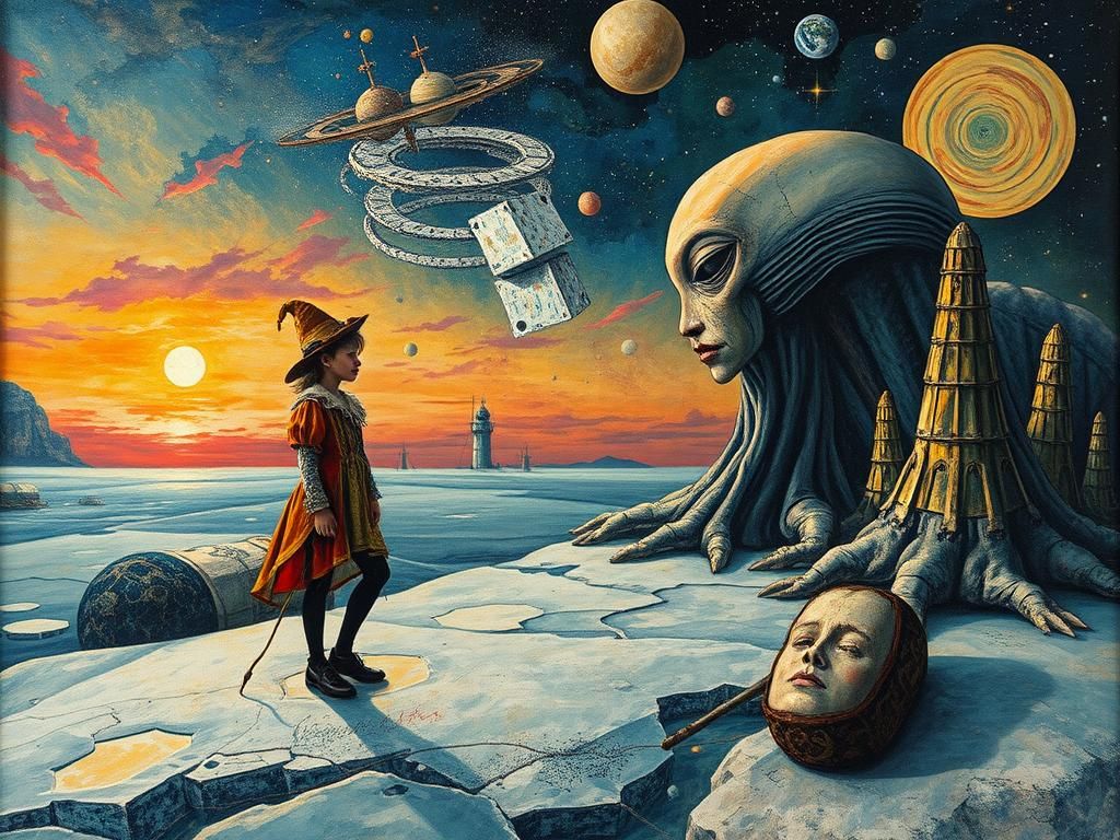 Surreal Pierrot on Alien Beach in Mixed Media