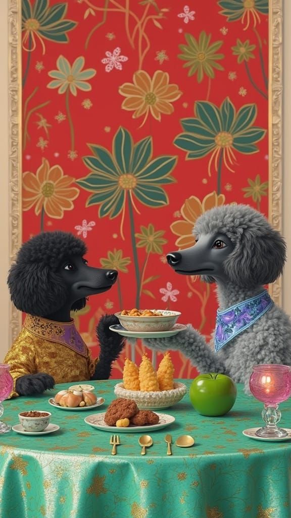 Elegant Poodles Enjoy Whimsical Seafood Dinner in Dreamlike...