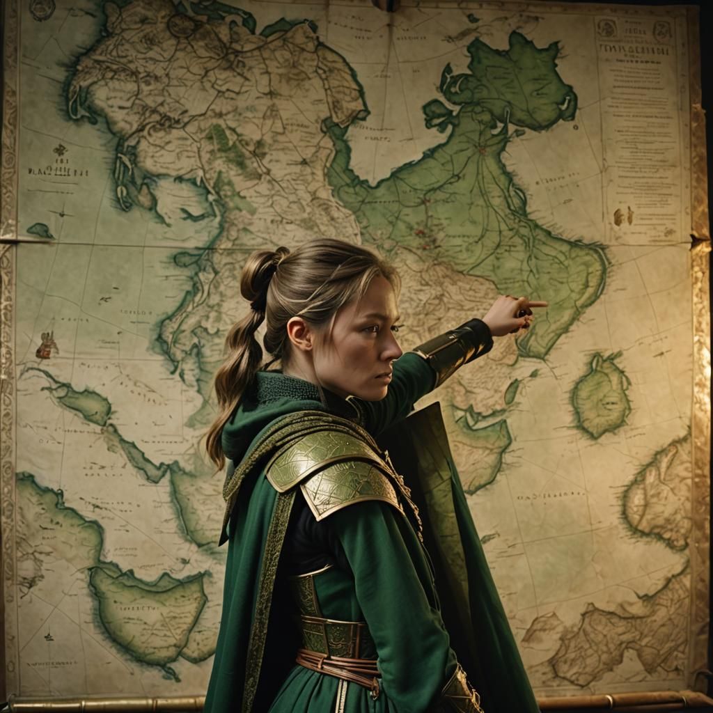 Woman in Green Armor Points at Map: Cinematic Still