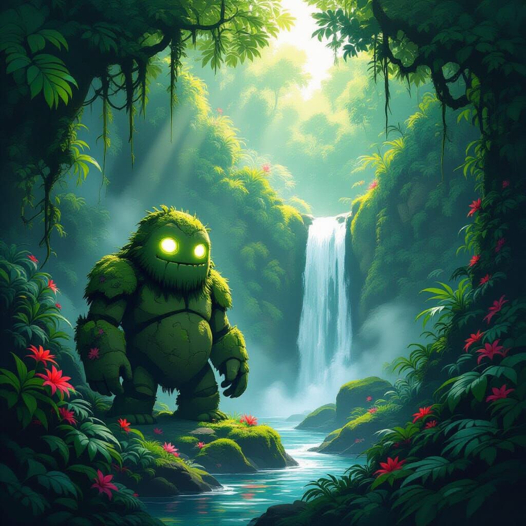 Mossy Stone Golem Guards Jungle Waterfall in Painterly Style