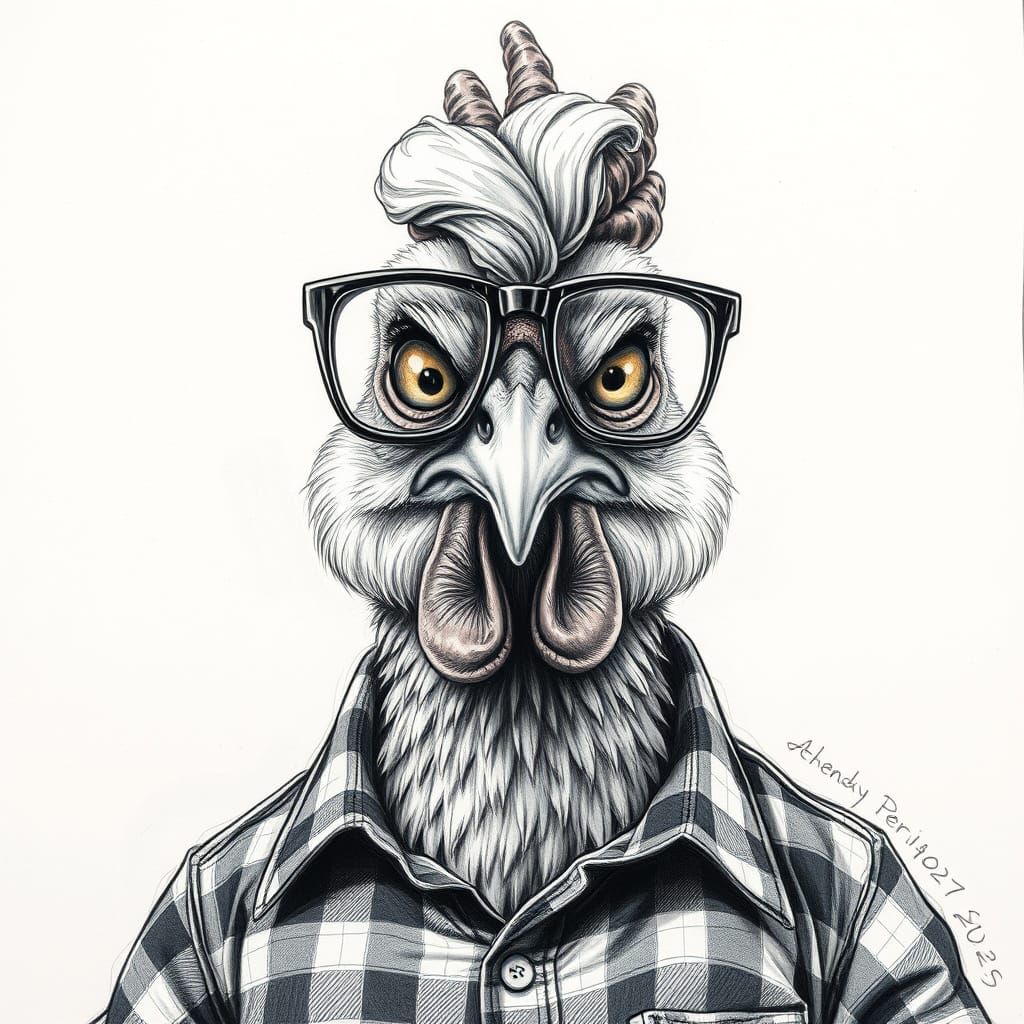 Granny Chicken in Charcoal Drawing Style