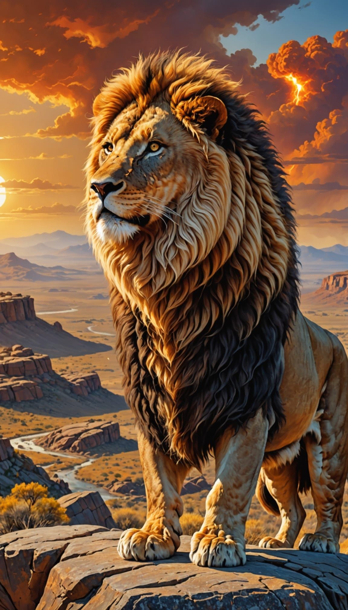 Majestic Lion with Fiery Mane Overlooking Savannah
