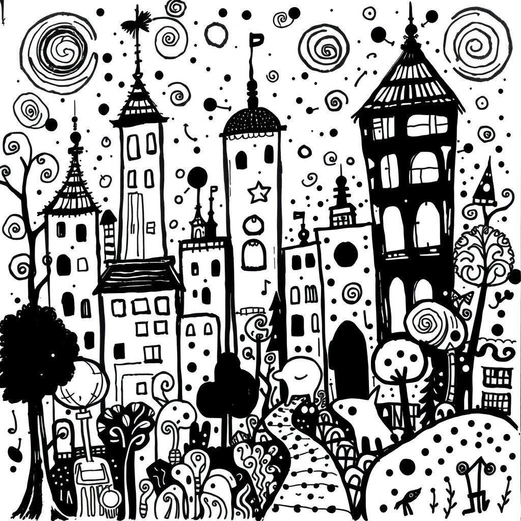 Whimsical Doodle World in Expressive Ink Splatter Art