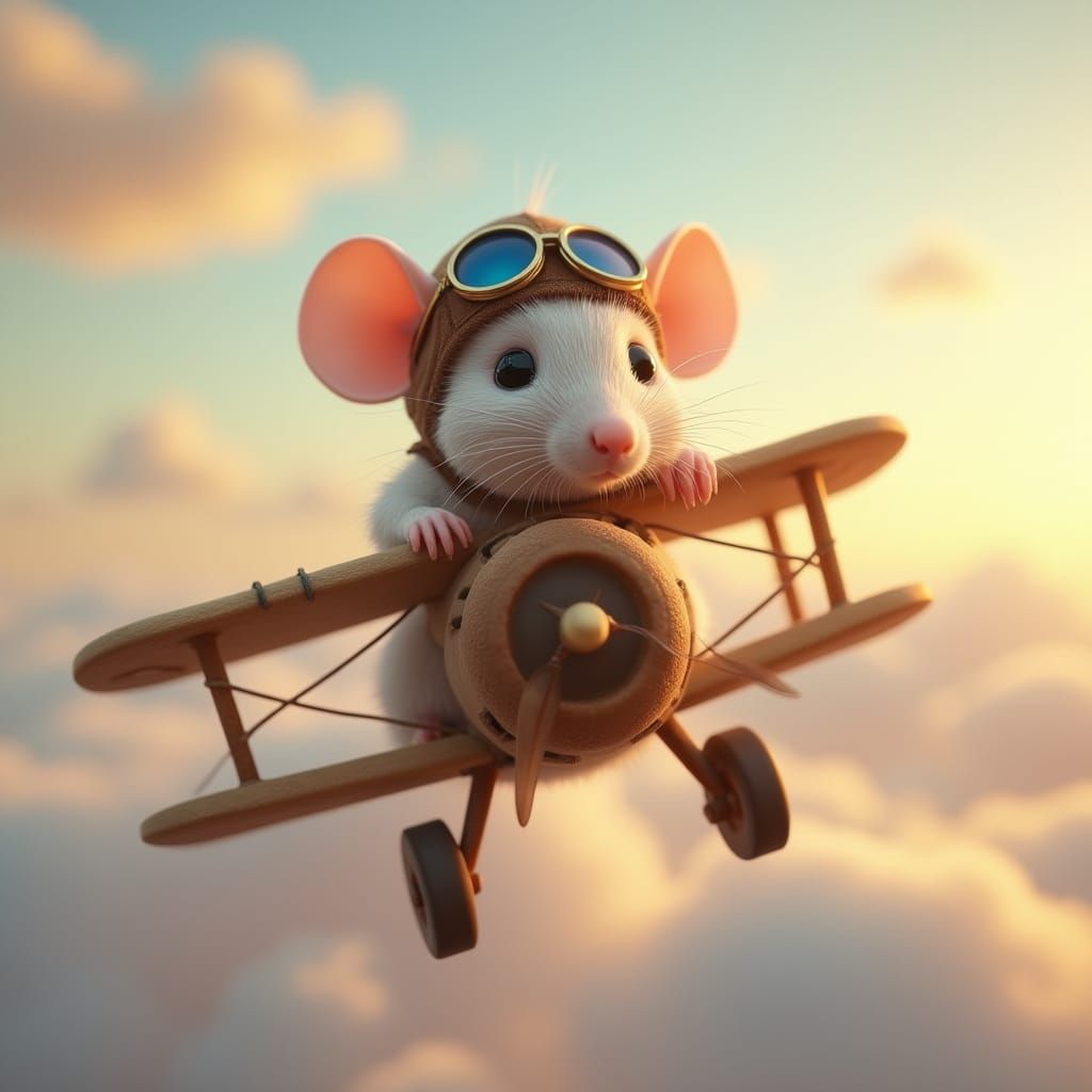 Adorable Rat Pilots Vintage Biplane in Surreal Sky