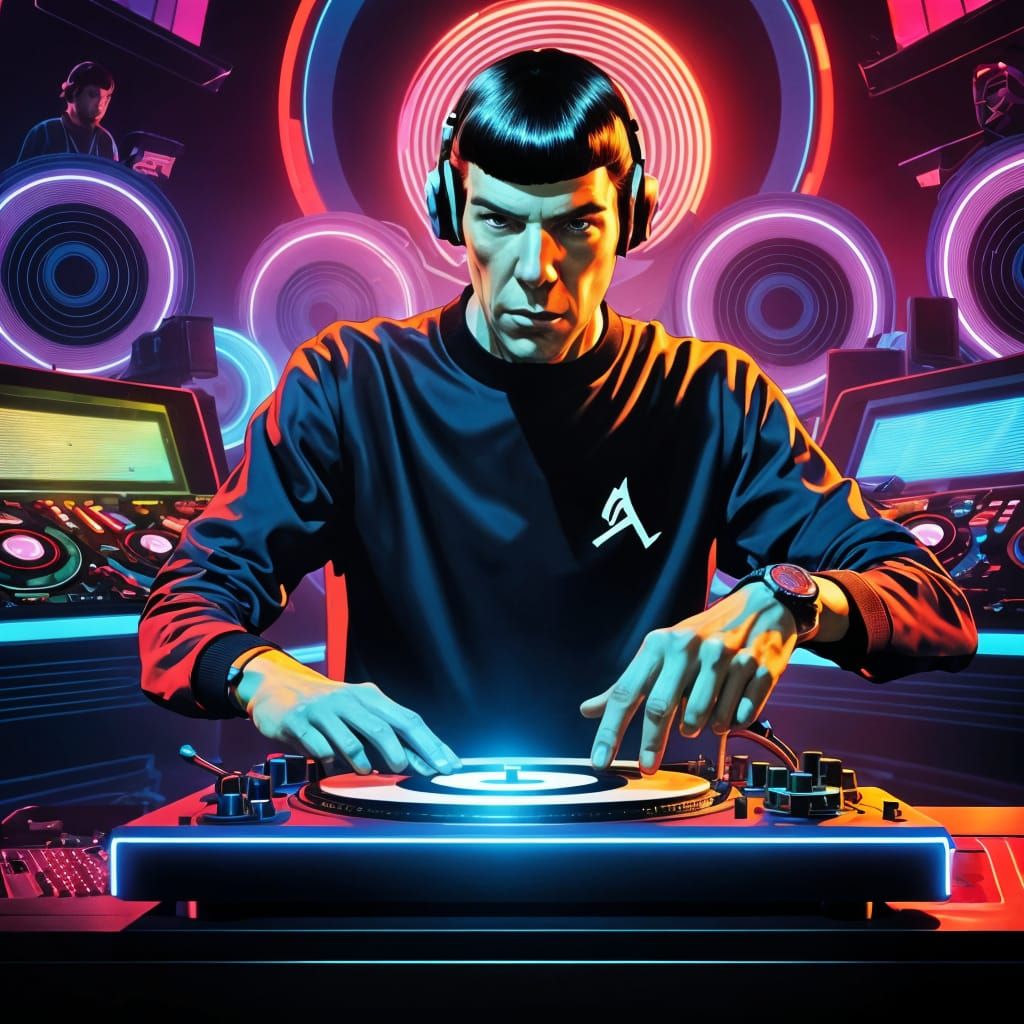 Spock Hiphop DJ in Neon Nightclub, Digital Illustration