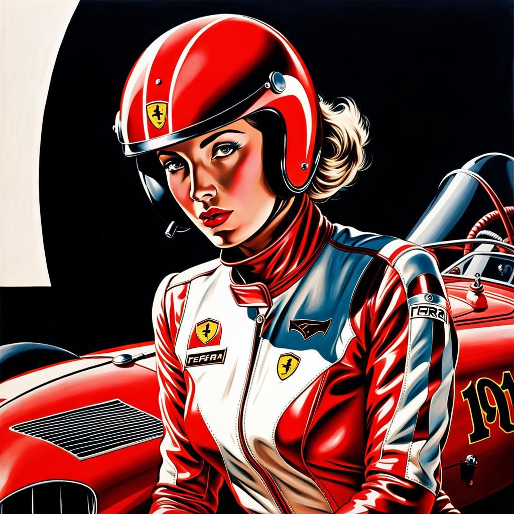 1930s Linocut of a Woman in Racing Suit