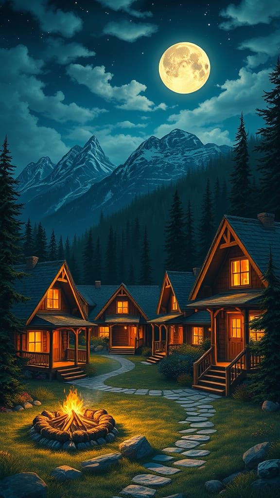 Mountain Village Under Full Moonlight in Warm Golden Hues