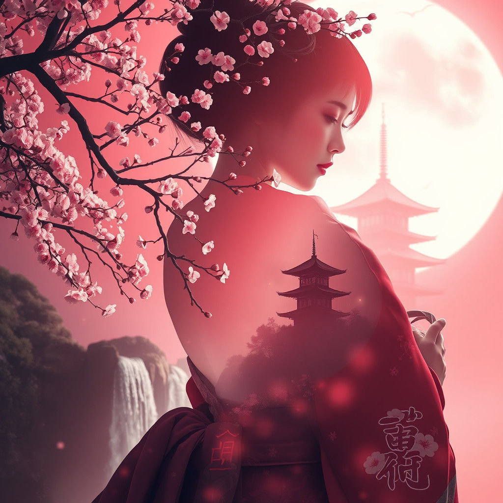 Mystical Geisha Silhouette with Cherry Blossoms in Dreamlike...