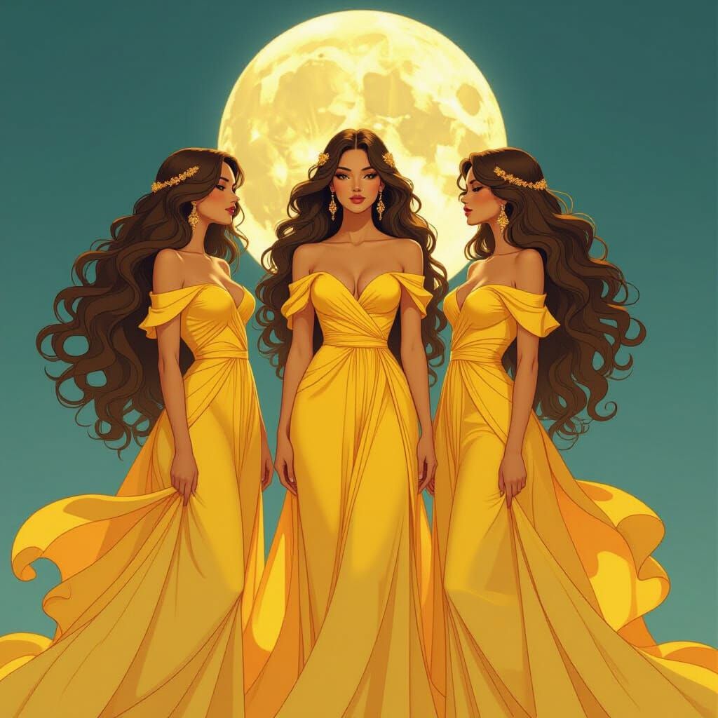 Lioness Goddesses Under Moon in Art Nouveau Style