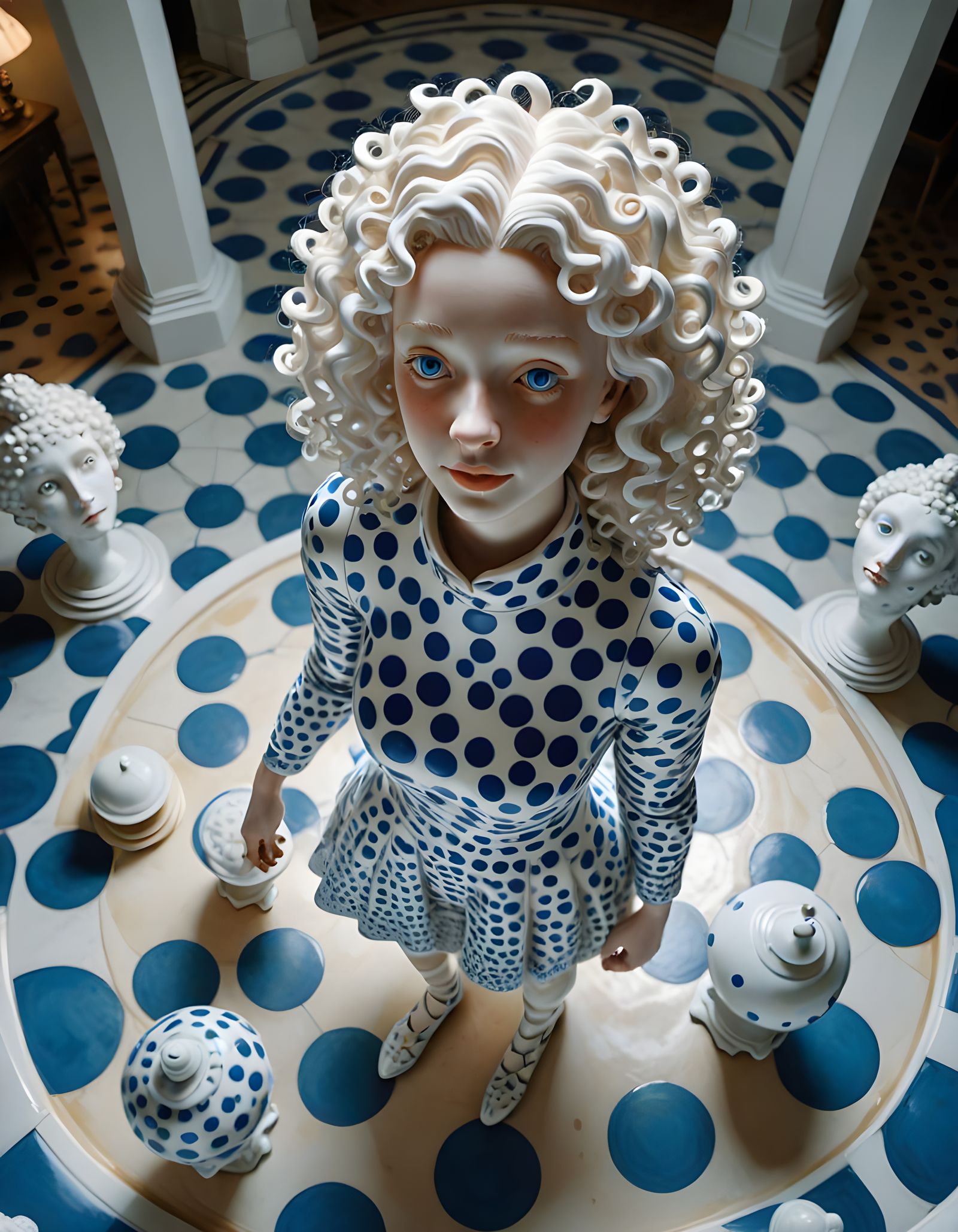 Polka Dot Albino Girl Porcelain Statue in Escher House