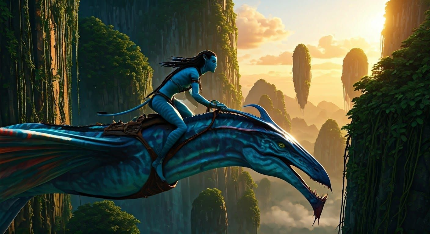 Na'vi Warrior on Ikran Soaring Through Hallelujah Mountains