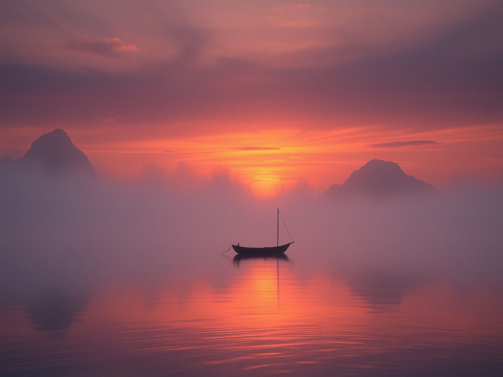 Twilight Lake Scene with Fishing Boat, Dreamy Landscape