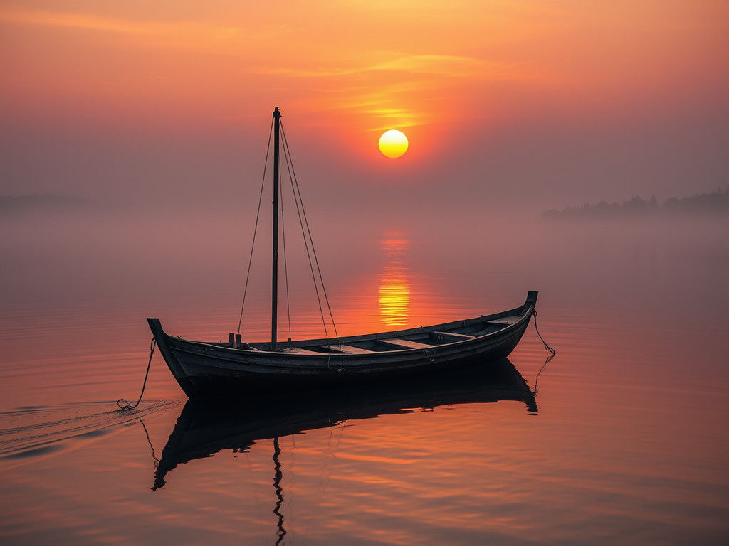 Sunset Fishing Boat in Romantic Landscape Style