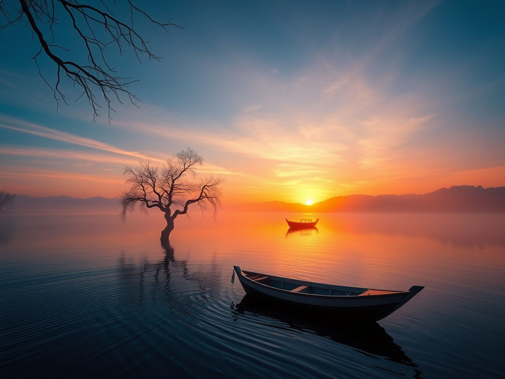 Sunset Lake Scene with Fishing Boat, Oil Painting