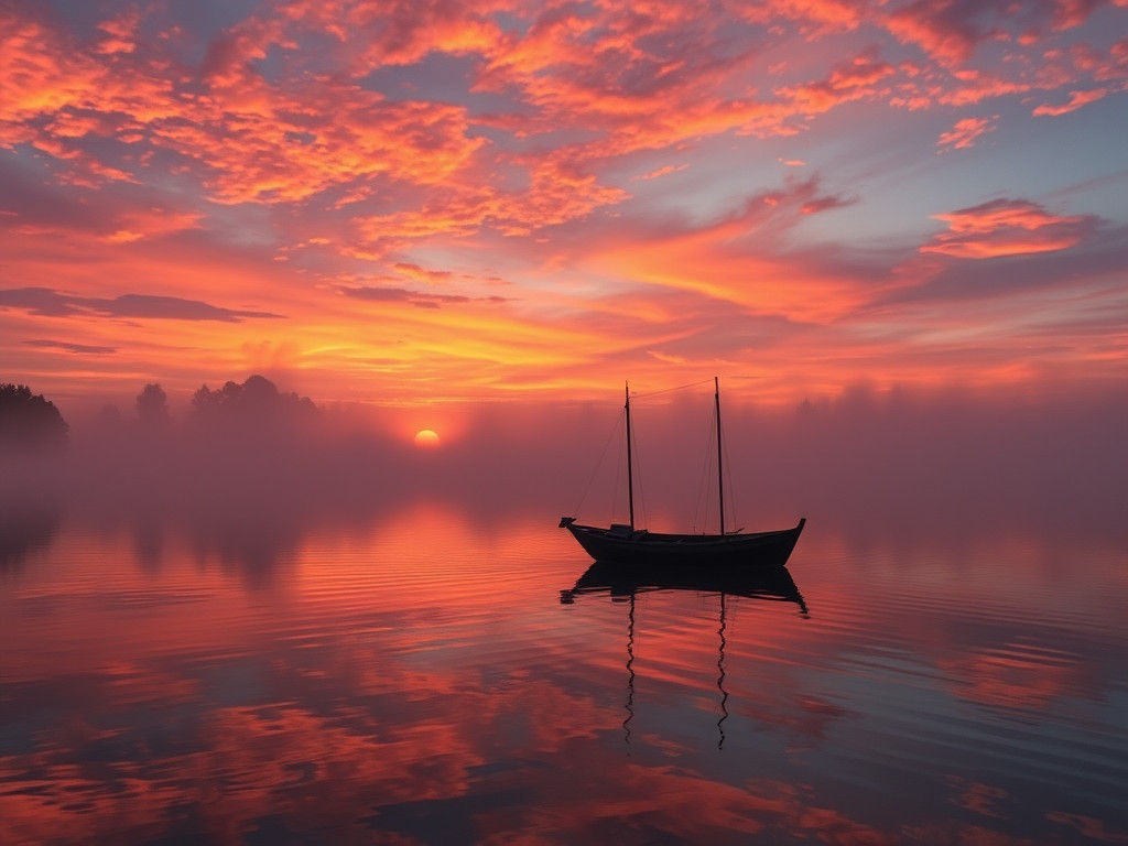 Sunset Fishing Boat on Tranquil Lake: Digital Art