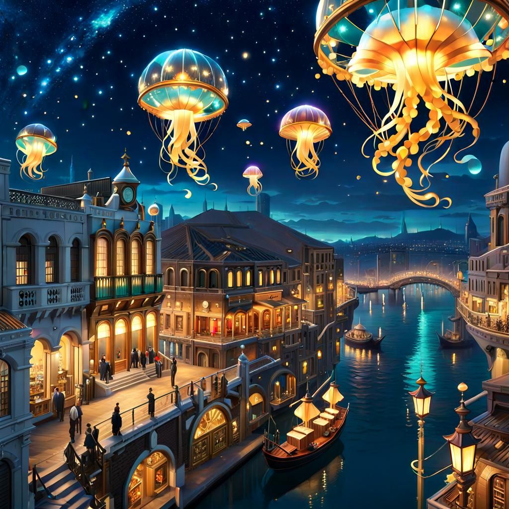 Clockpunk Venice with Bioluminescent Jellyfish