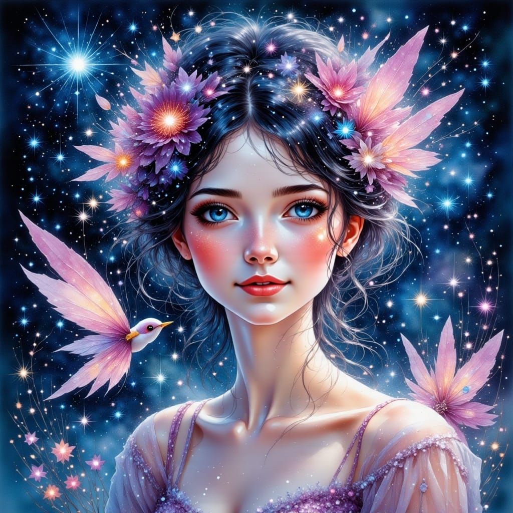 Whimsical Fairy in Starry Watercolor Night Sky