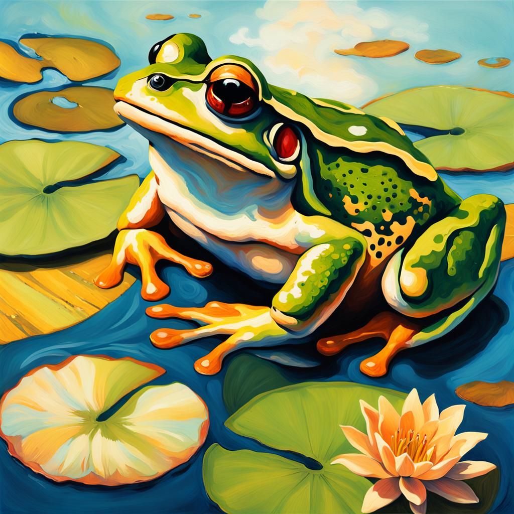 Frog on Lily Pad in Folk Art Style
