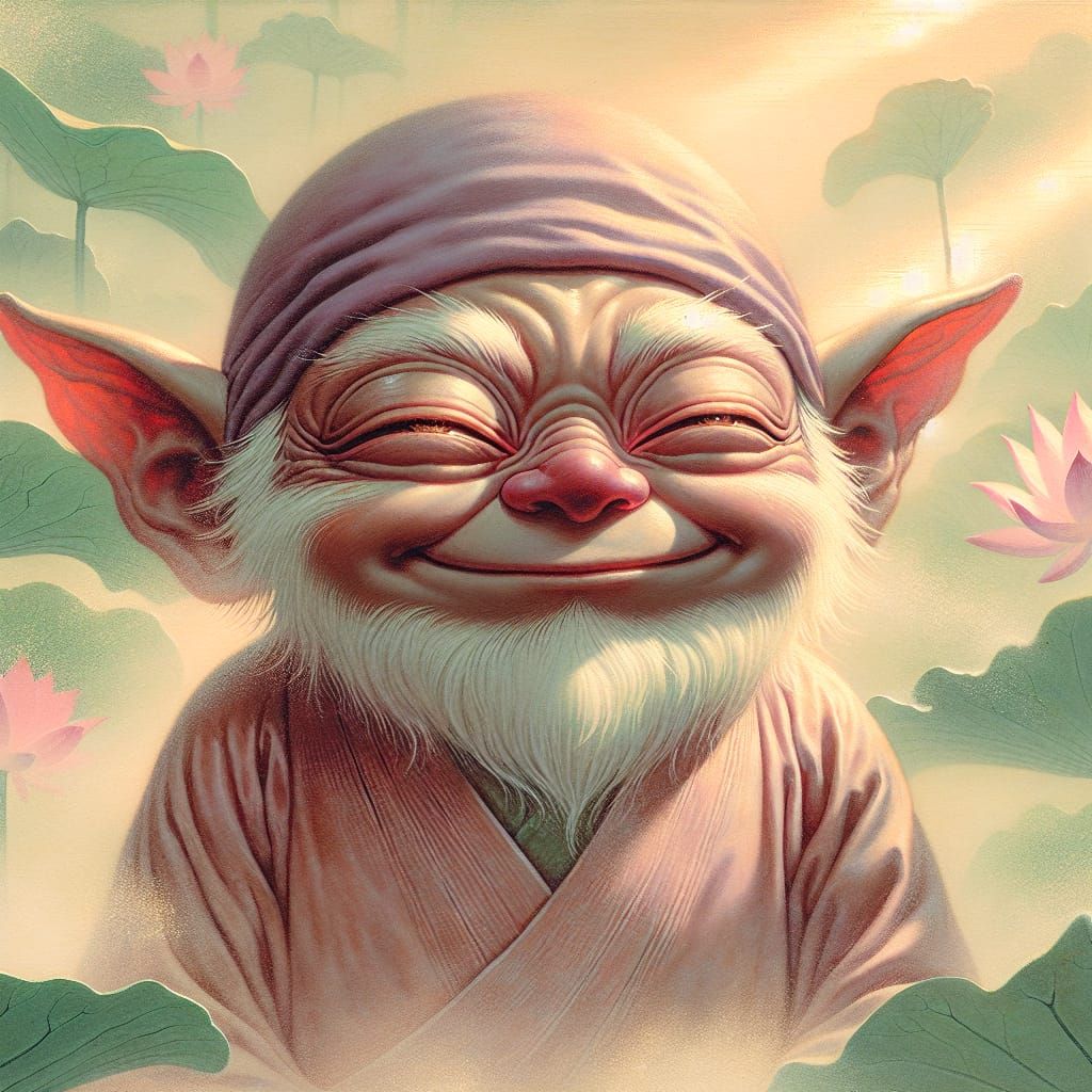 Gremlin Monk Meditating in Ukiyo-e Style