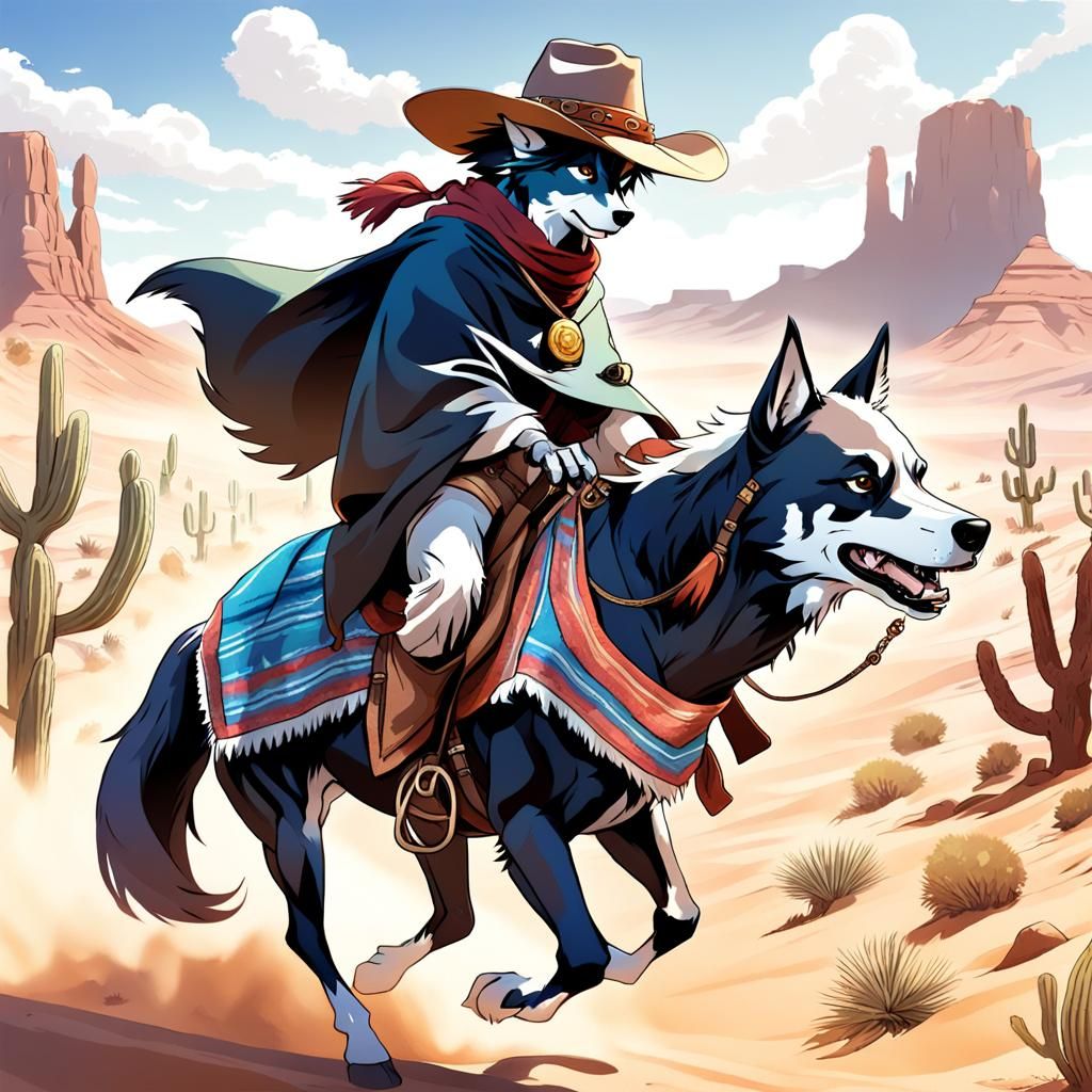 Werewolf Cowboy and Dog Ride in Anime Style