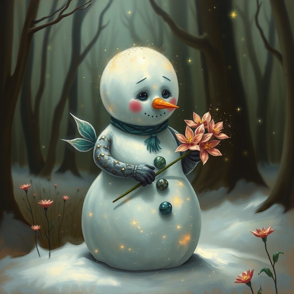 Stardust Snowman in Enchanted Forest, Naive Painting Style