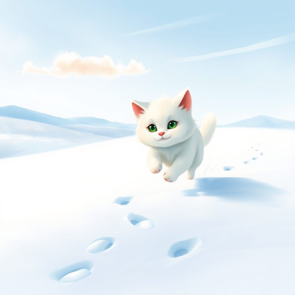 Whimsical White Cat in a Snowy Watercolor Wonderland