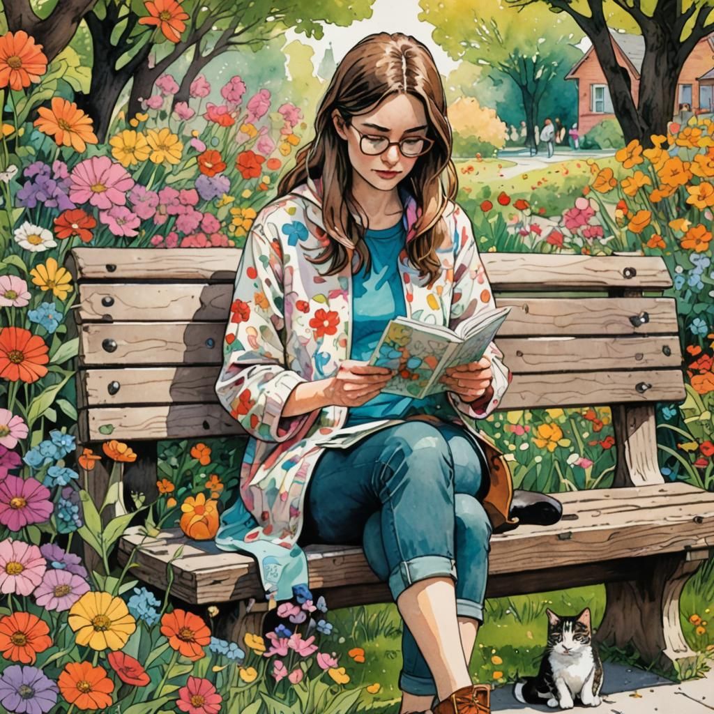 Woman Reading Letter in Park, Comic Book Art
