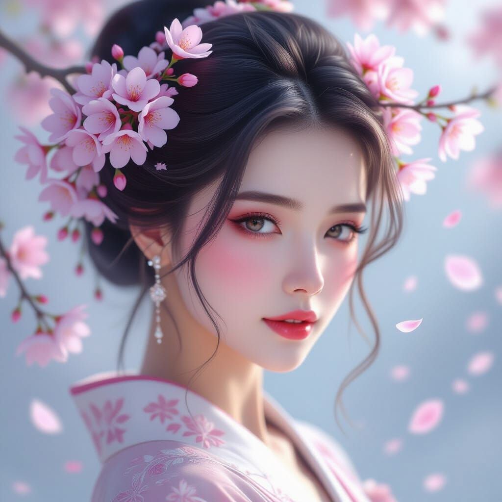 Ethereal Woman With Cherry Blossoms in Hair