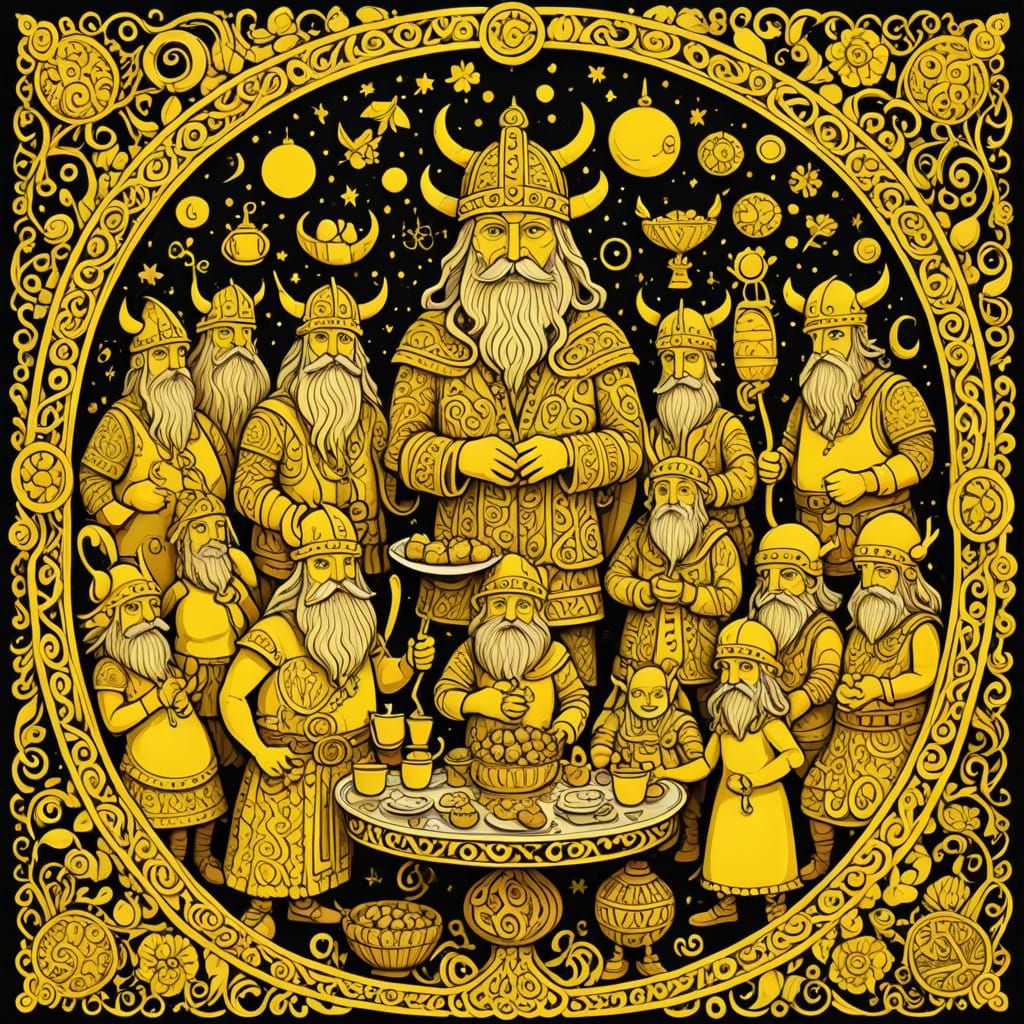 Vibrant Yellow Cartoon Heroes Unite in a Viking Feast