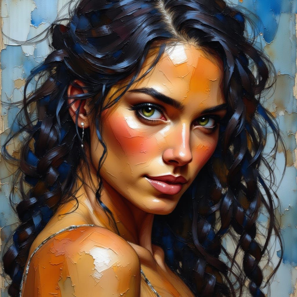 Sensual Native American Woman Portrait in Impasto Style
