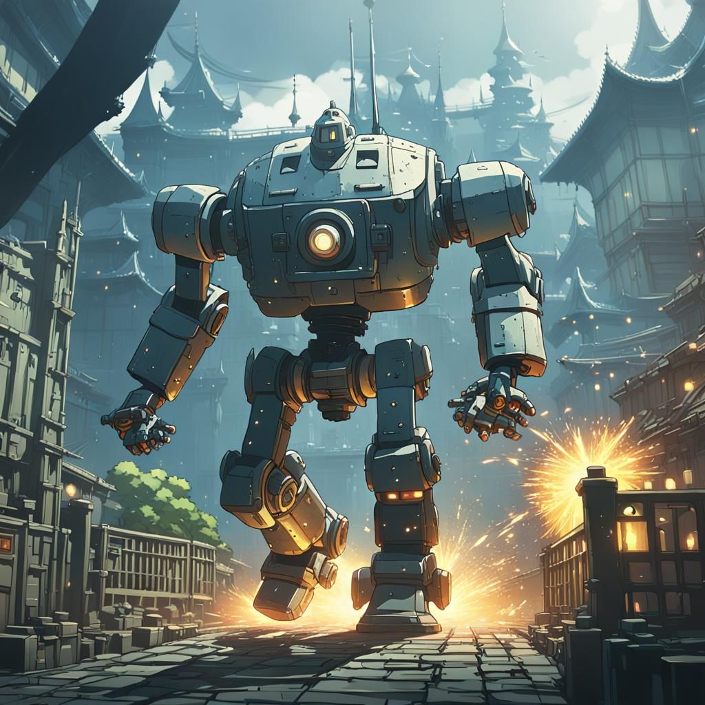 Dieselpunk Robot Final Boss Fight, Ghibli Anime Style