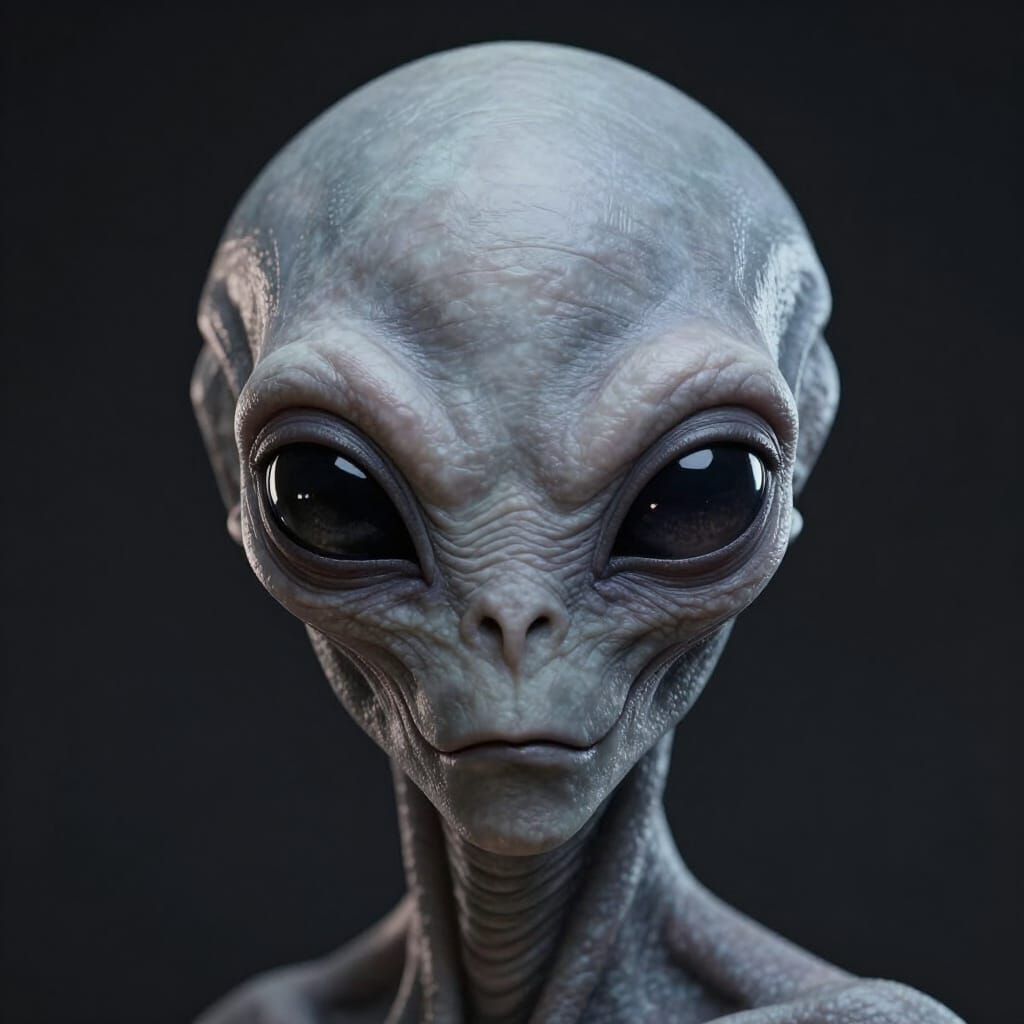 Hyperrealistic Gray Alien Portrait in Chiaroscuro Lighting