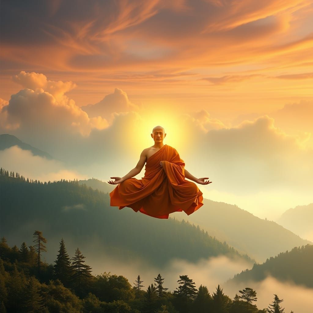 Serene Monk Levitates Above Misty Mountains at Dawn in Ether...