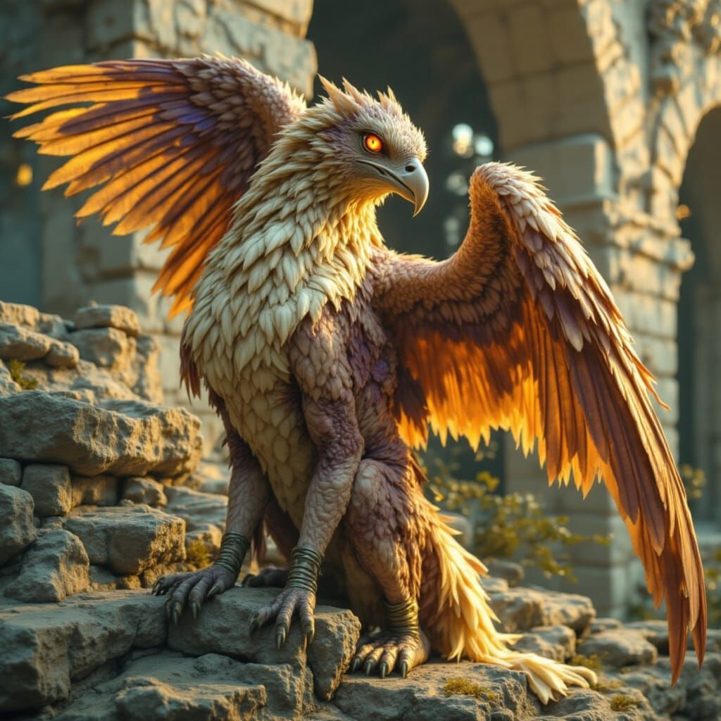 Majestic Griffin Guardian on Ancient Ruins in Dramatic Light