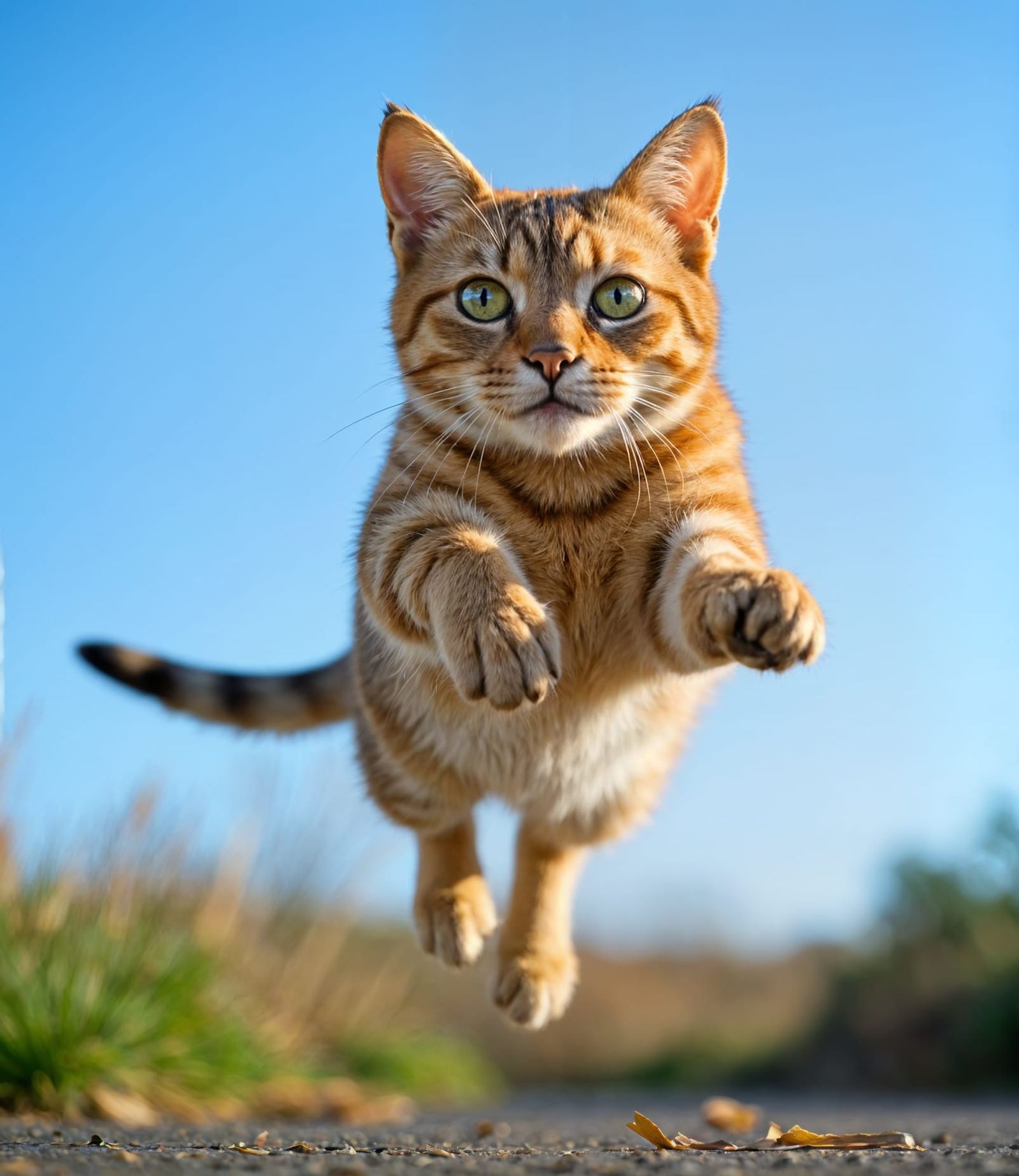 Brown Cat Mid-Jump with Blue Sky Background