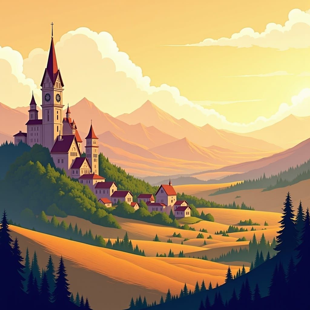 Clock Tower Sunset: Vector Art in a Valley