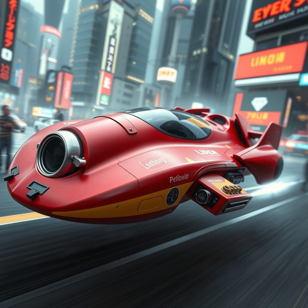 Futuristic Cyber-Flyer Speeder in Matte Red and Yellow