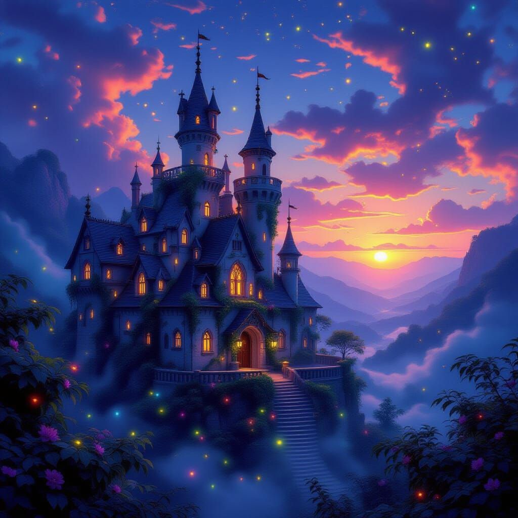 Luminescent Castle in Enchanted Valley at Sunset