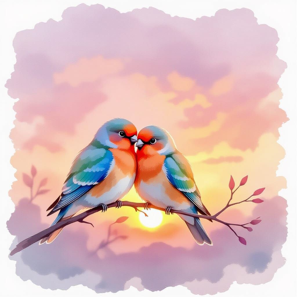 Lovebirds Cuddle at Sunset: Wet-on-Wet Watercolour