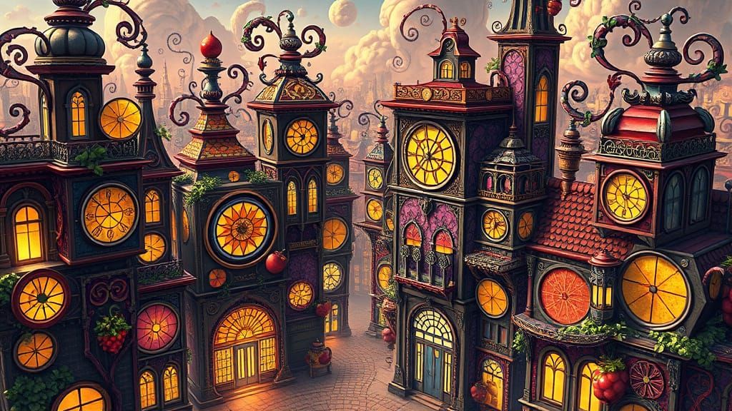 Steampunk Fruit Cityscape: A Fantastical Vision