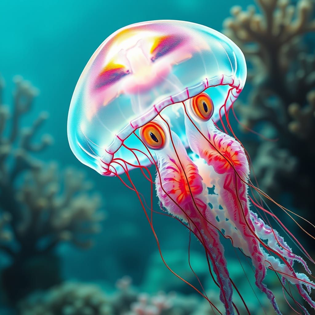 Surreal Underwater Encounter with a Glowing Jellyfish Hybrid