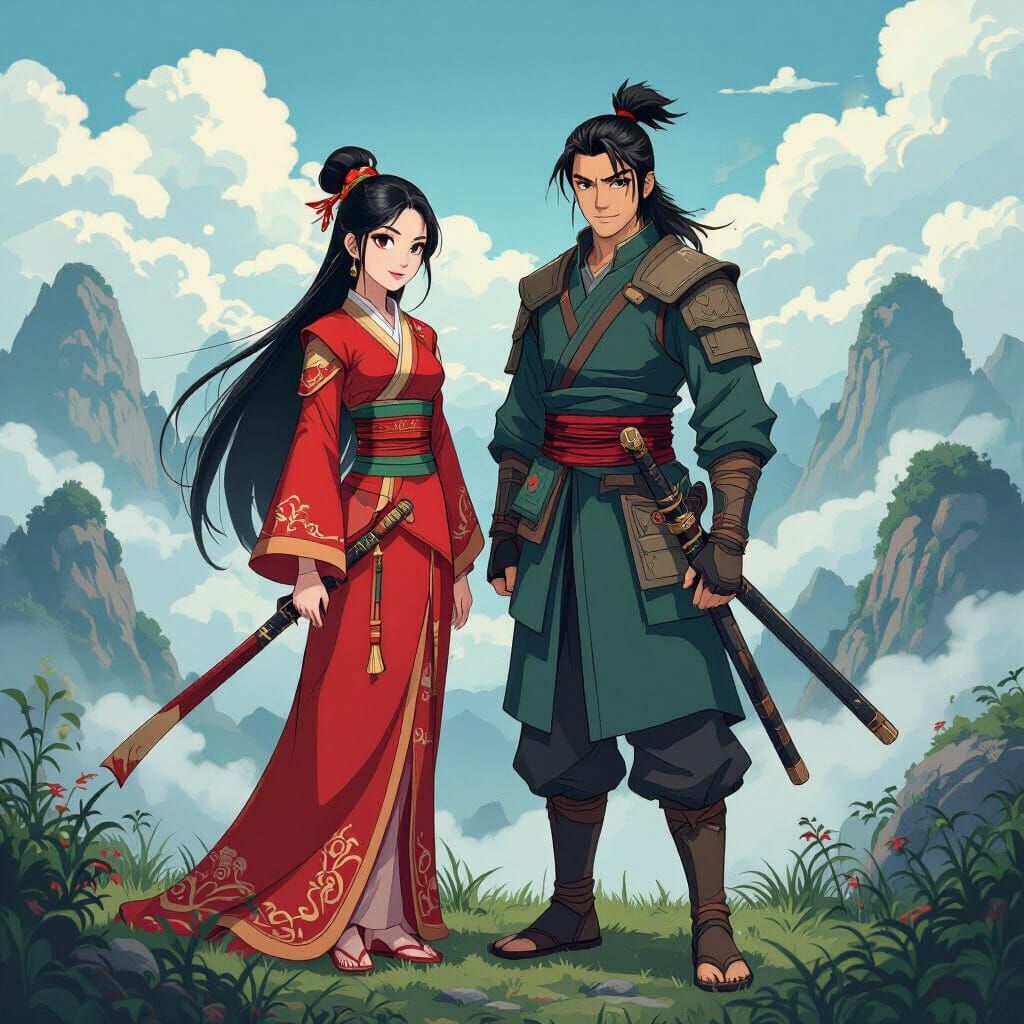 Mulán and Ninja Boyfriend in Anime Key Visual Style