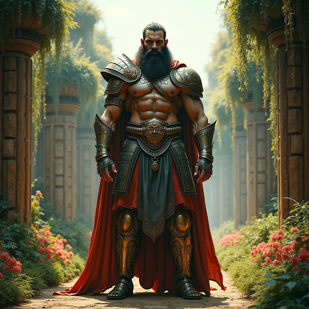 Majestic Warrior in Armor Before Hanging Garden