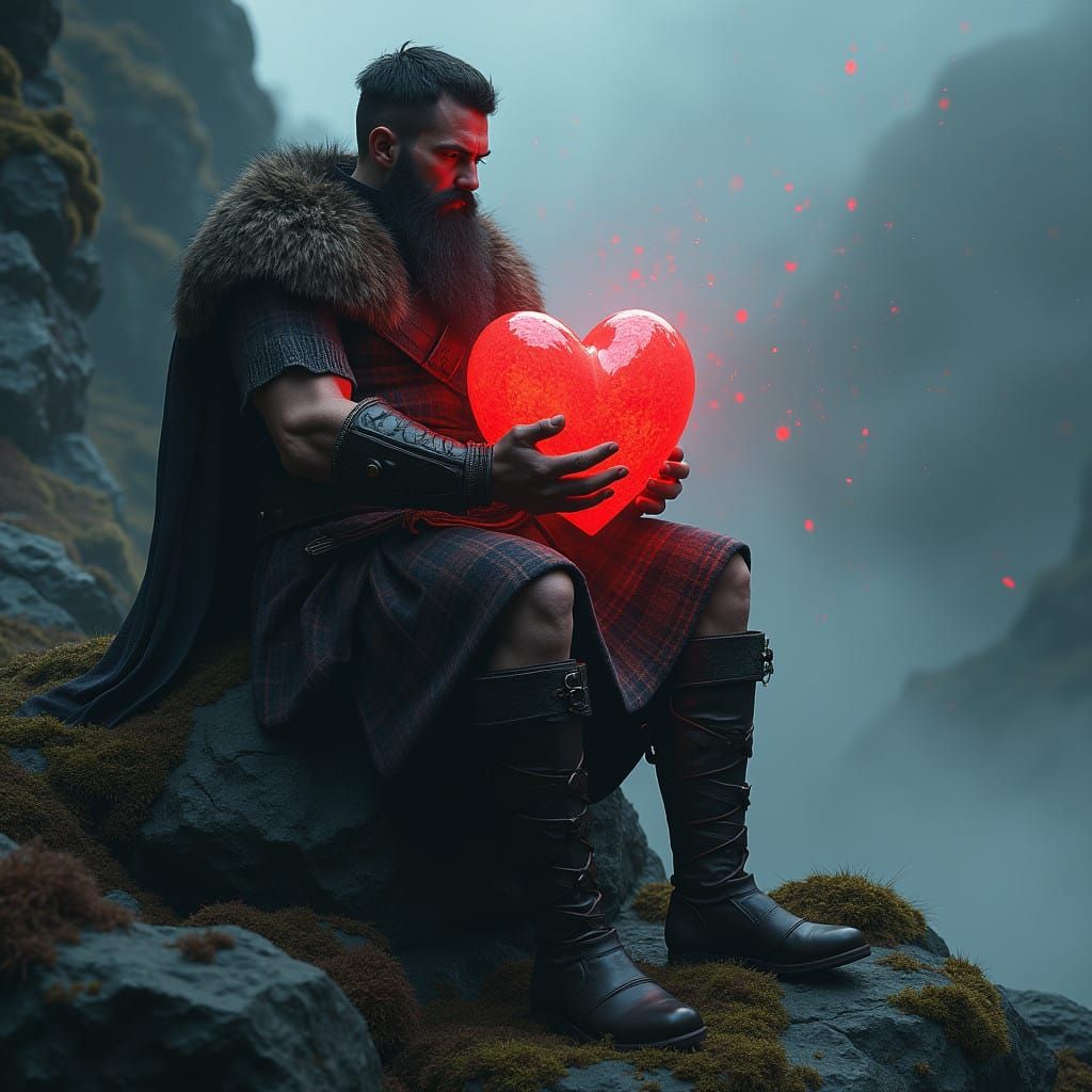 Majestic Scottish Highlander Cradles Vibrant Heart in Fantas...