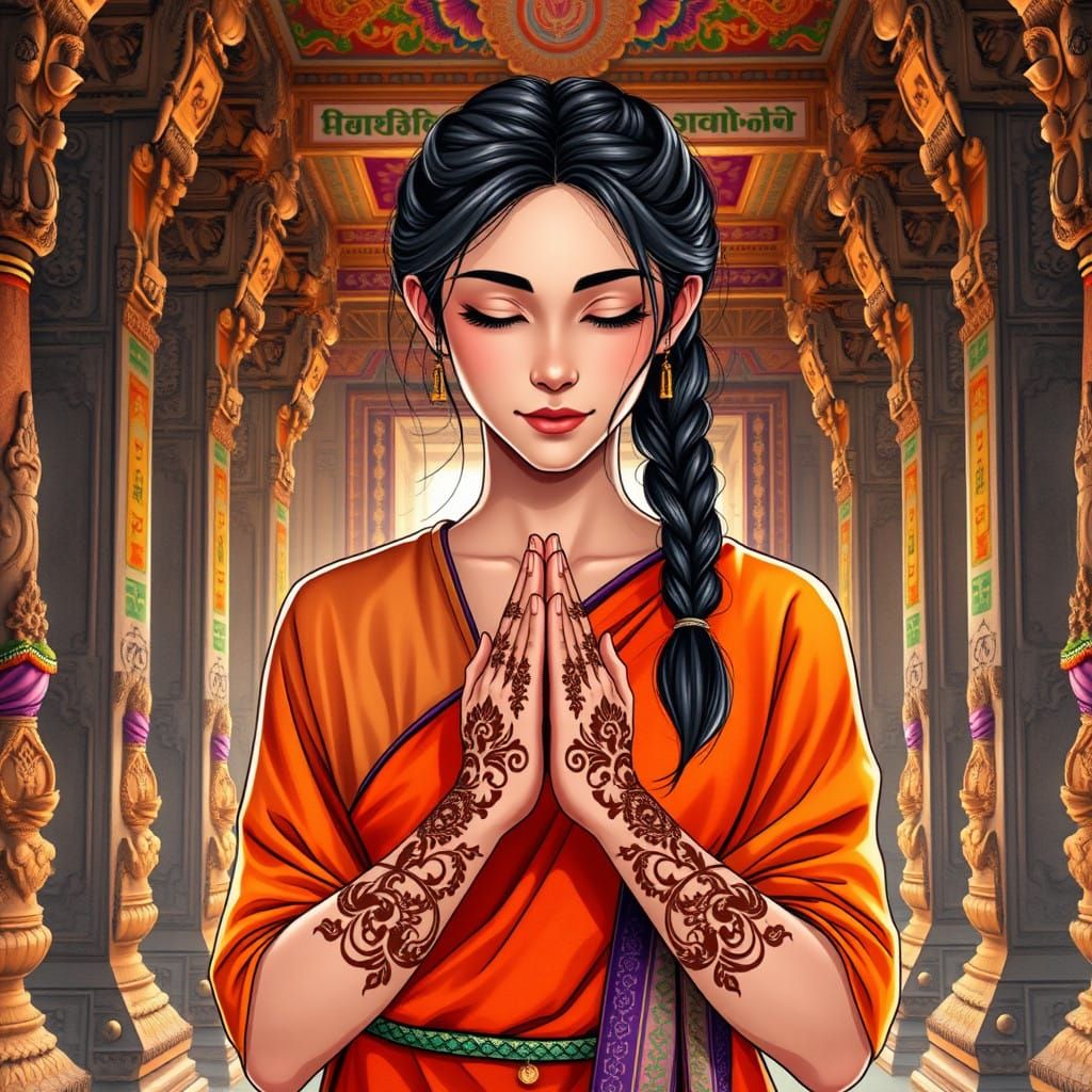 A beautiful young Hindu woman with henna tattoos on her hand...