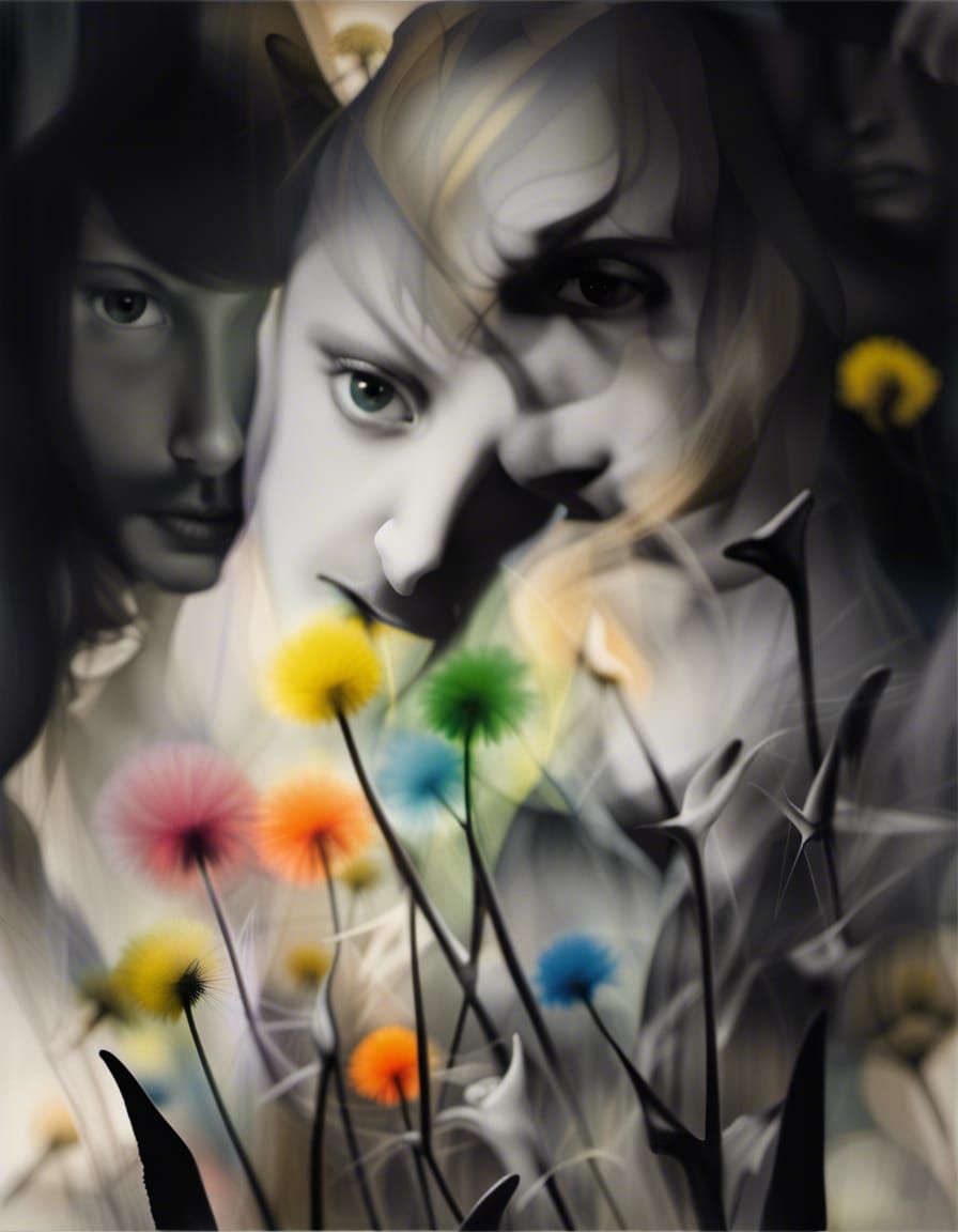 Fairies in Dandelion Dreamscape: Surrealist Grayscale Art