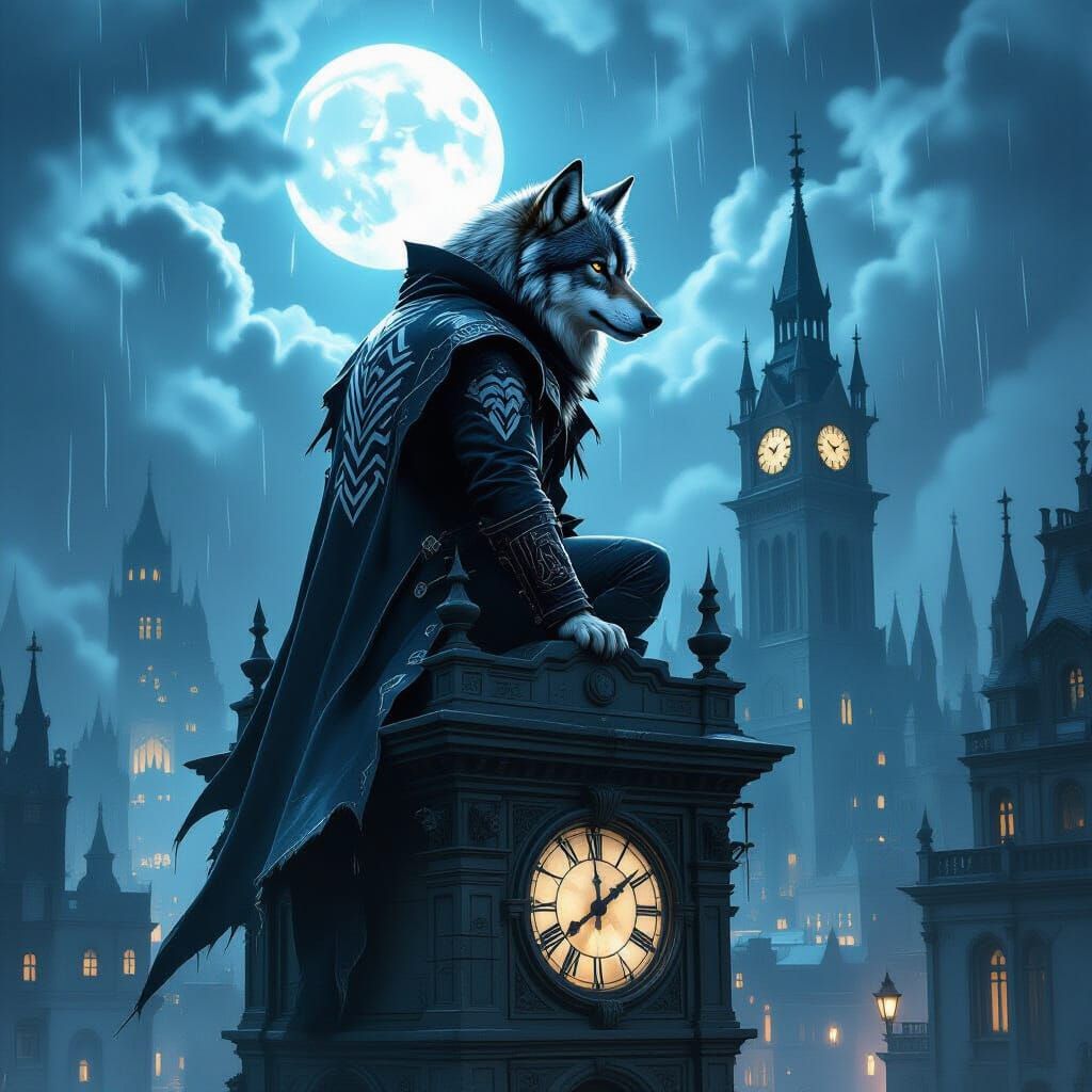 Tribal Wolf Guardian of Gothic City Clock Tower