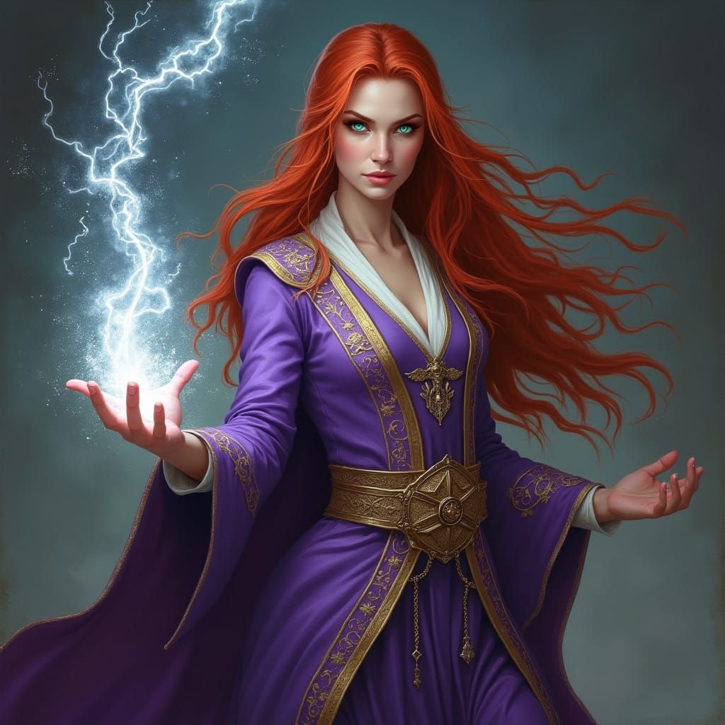 Regal Sorceress in Lavish Purple Robes with Fierce Determina...