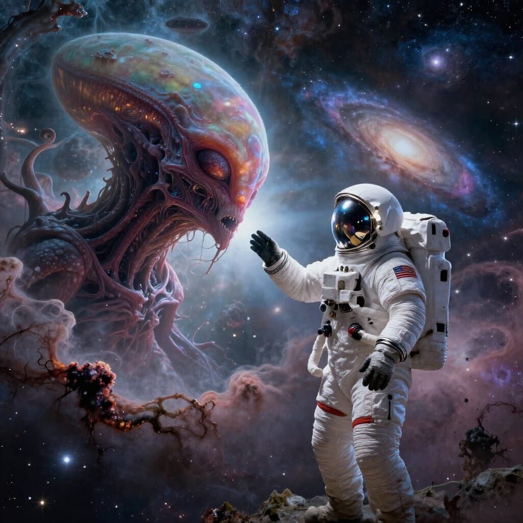 Astronaut Reaches Alien in Cosmic Nebula