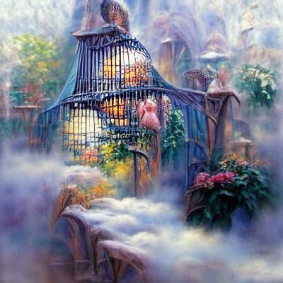 Ethereal Caged Bird Scene in Thomas Kinkade Style